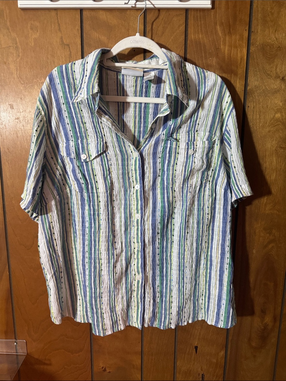 Alfred Dunner Blue, Green & White Striped Short-Sleeve Button-Front Shirt